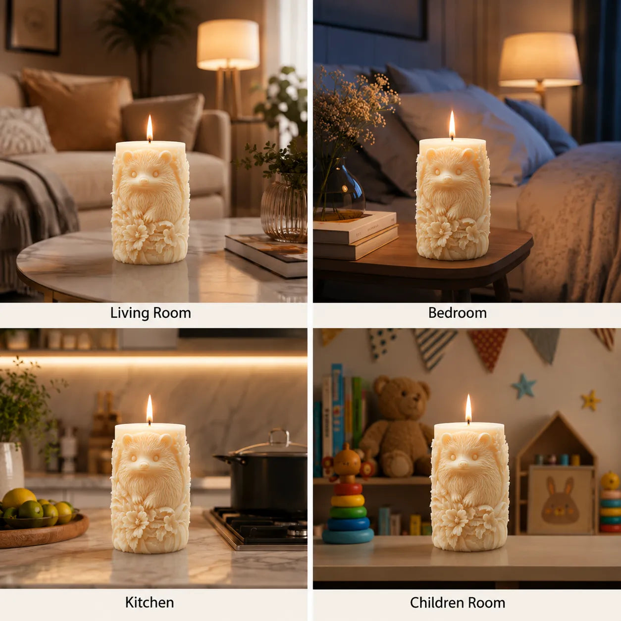 Candle with bear design in various rooms including living room, bedroom, kitchen, and children's room.
