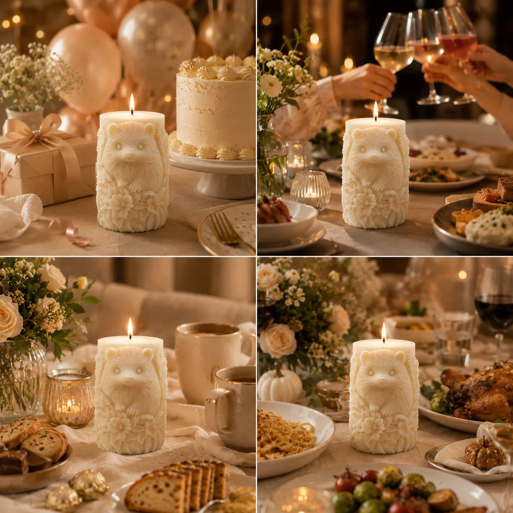 Collage of a festive dinner table with decorative candles, food, and people toasting.
