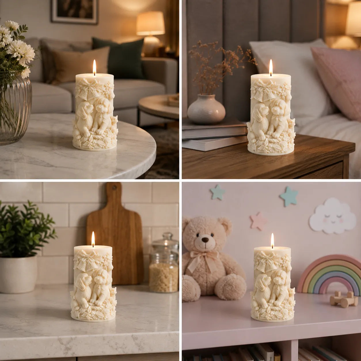 Decorative candle with textured design on a marble surface, wooden table, and other settings.