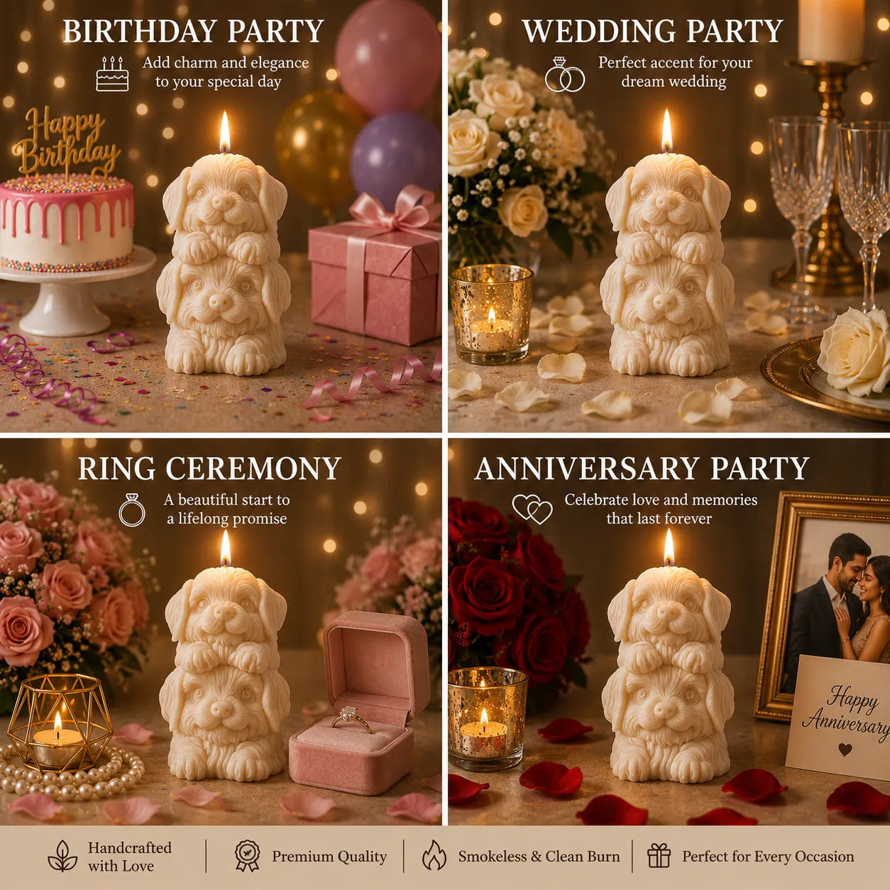Set of four images showcasing a three-layered dog-shaped candle with text indicating its use for birthday, wedding, ring ceremony, and anniversary parties.