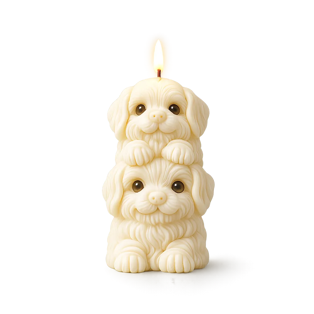 Candle shaped like two stacked puppies on a white background