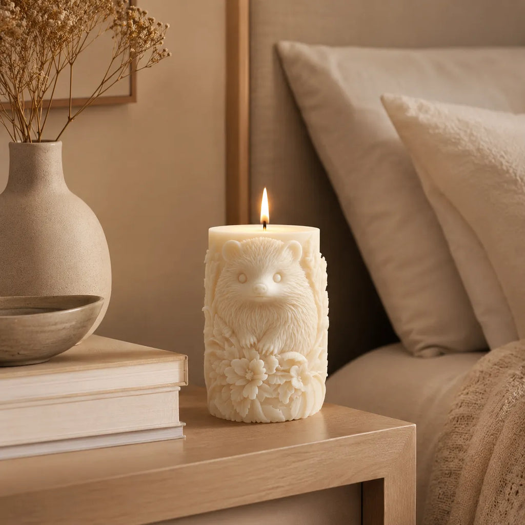 Decorative candle with animal design on a wooden table next to books and a vase.