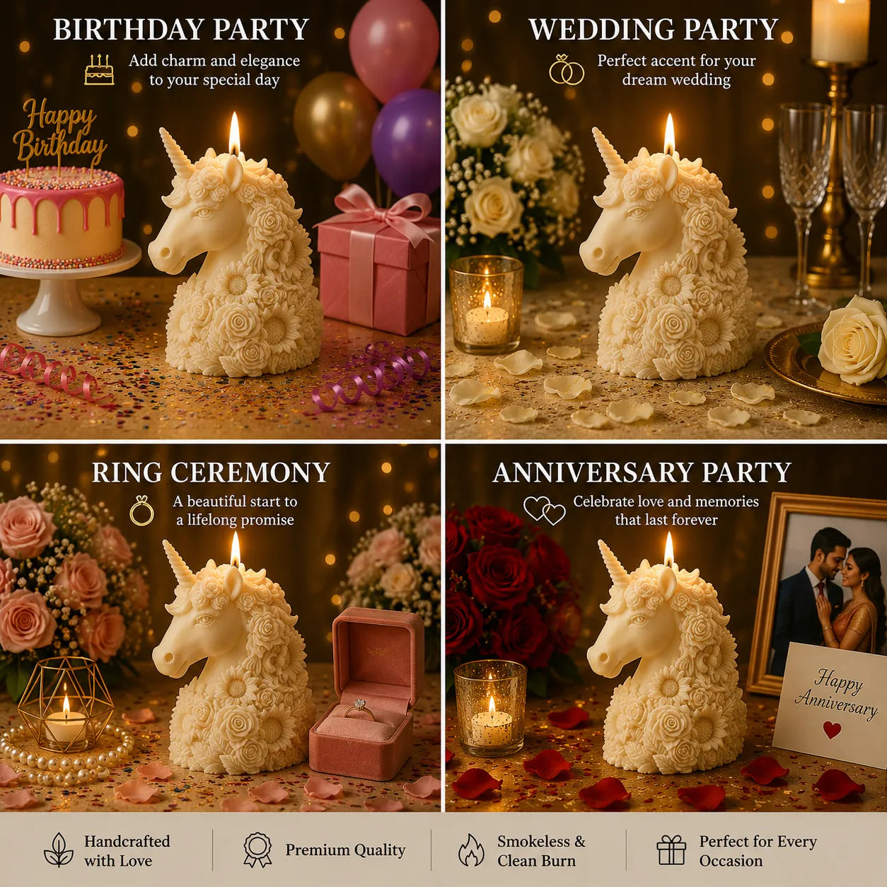 Unicorn-shaped candles with decorative elements for various occasions on a dark background.