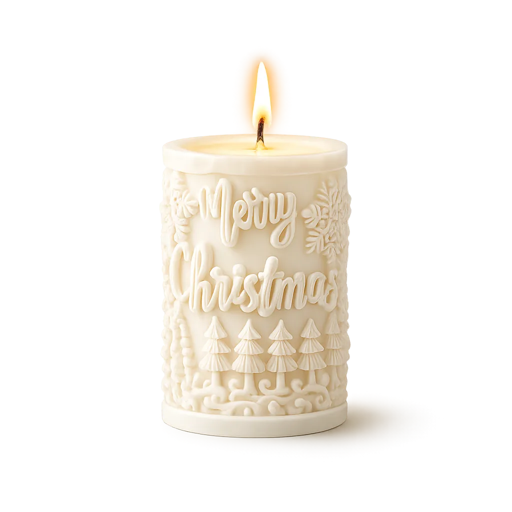 White Christmas-themed candle with 'Merry Christmas' text on a white background