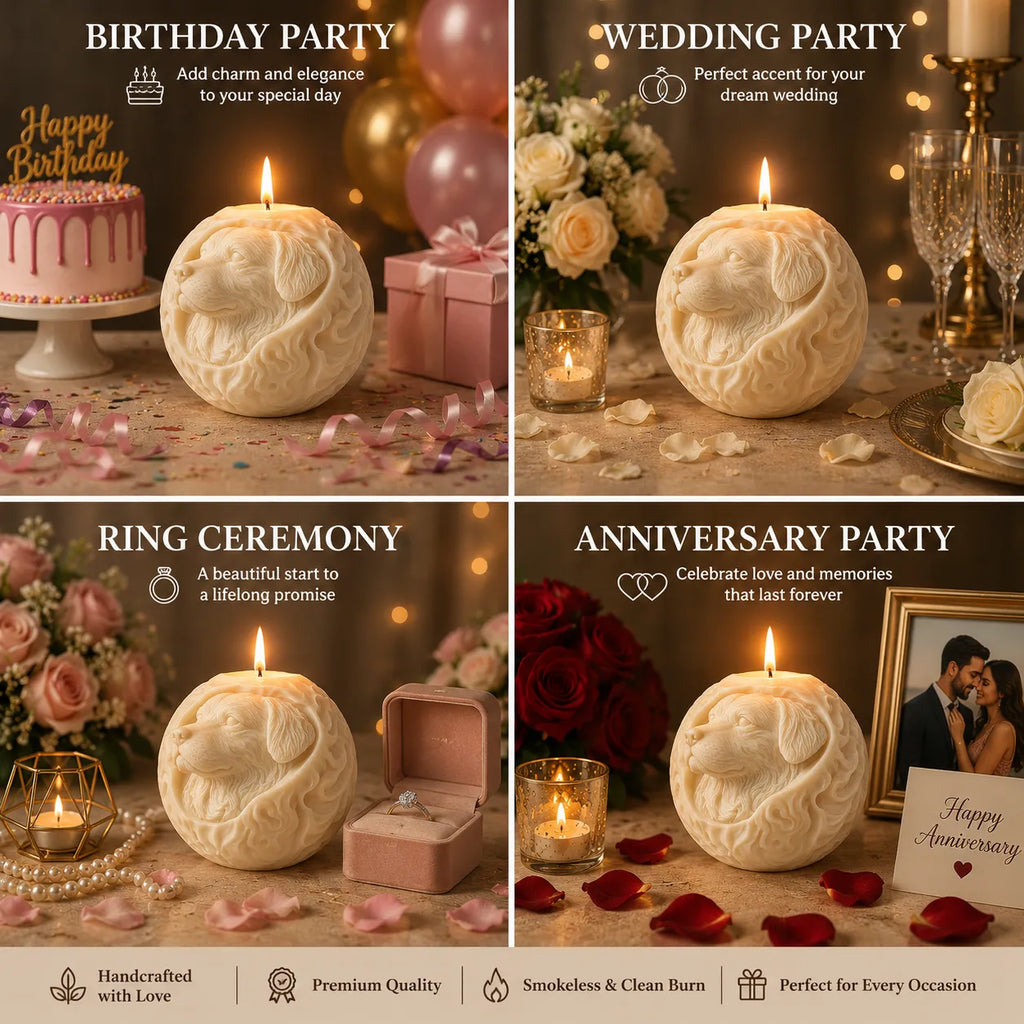 Decorative candles shaped like dogs with text on birthday, wedding, ring ceremony, and anniversary parties.
