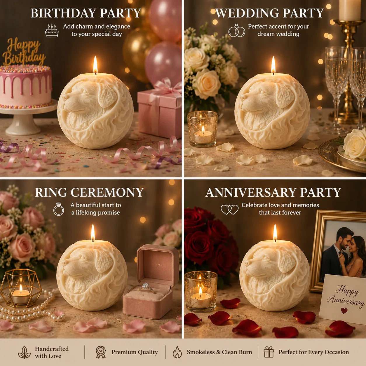 Decorative candles shaped like dogs with text on birthday, wedding, ring ceremony, and anniversary parties.