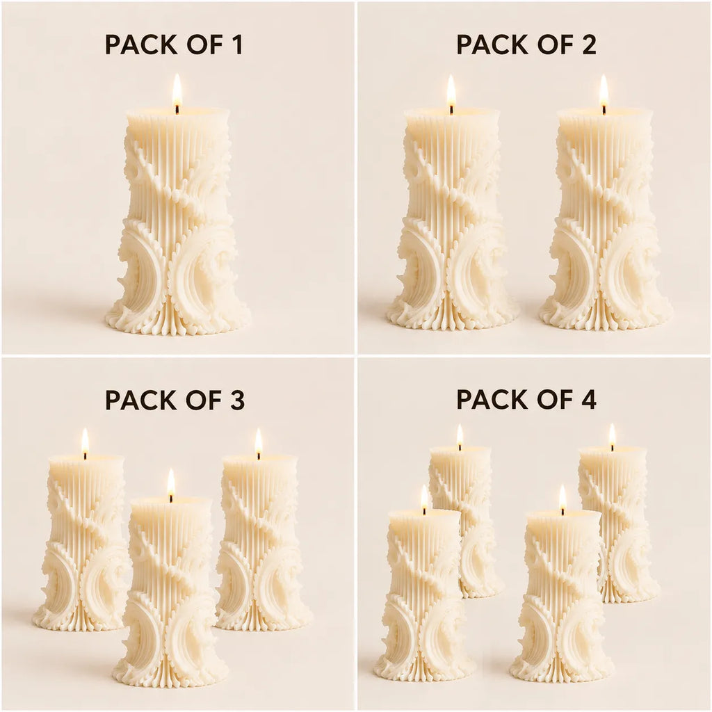 Set of candle packaging with increasing number of candles from Pack of 1 to Pack of 4 on a neutral background.