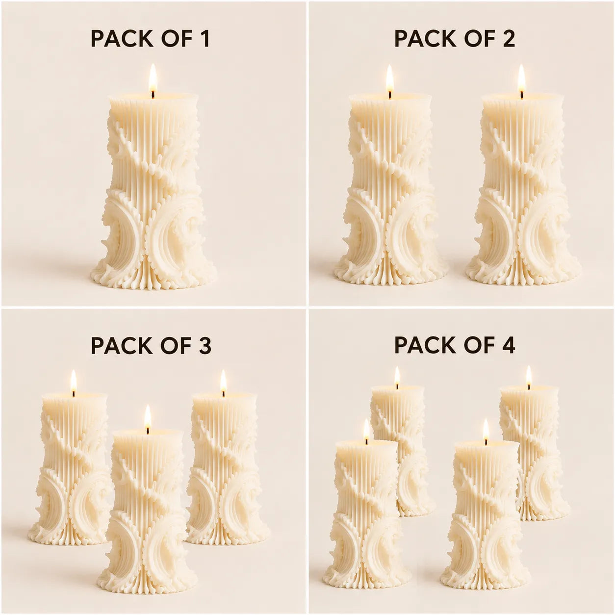 Set of candle packaging with increasing number of candles from Pack of 1 to Pack of 4 on a neutral background.
