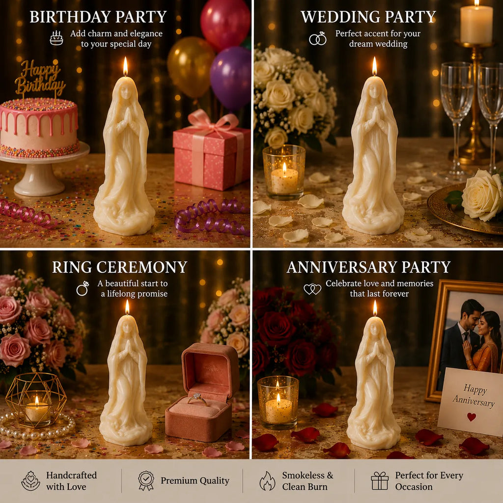 Collage of four scenes with a candle shaped like a woman, each labeled for different occasions.