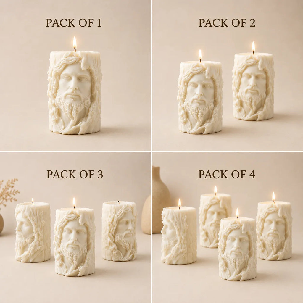 Set of candles with embossed faces, displayed in packs of 1 to 4 on a neutral background.