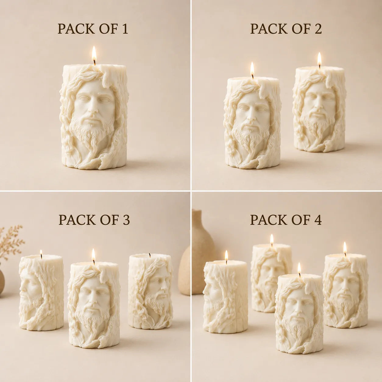 Set of candles with embossed faces, displayed in packs of 1 to 4 on a neutral background.