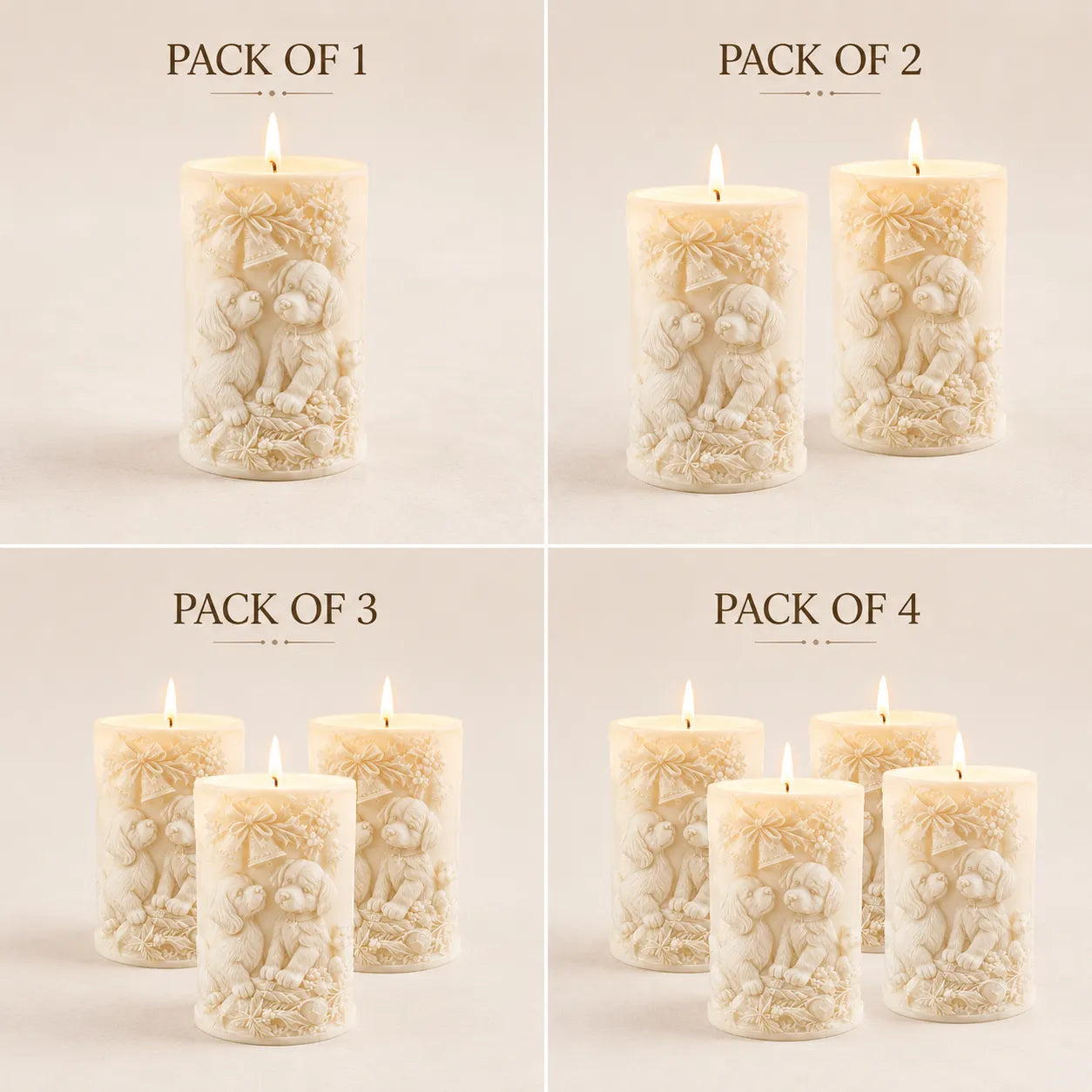 Set of decorative candles in different pack sizes on a light background