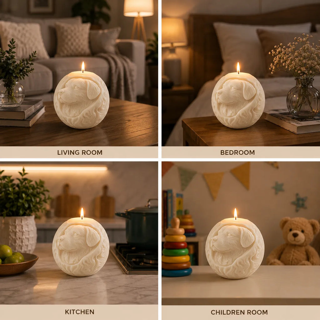 Decorative candle with dog design in various settings: living room, bedroom, kitchen, and children's room.