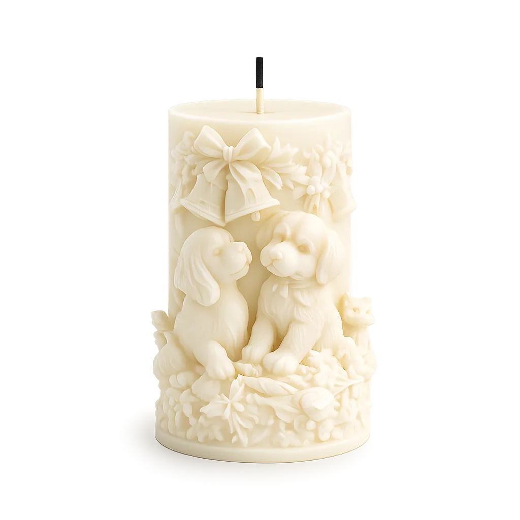 Decorative candle with dog and bow design on a white background