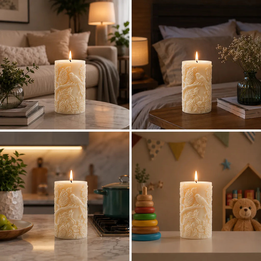 Collage of a decorative candle in various settings including a living room, bedroom, kitchen, and playroom.