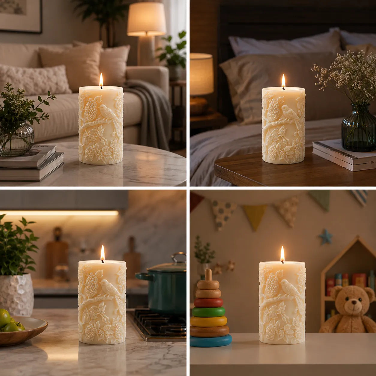 Collage of a decorative candle in various settings including a living room, bedroom, kitchen, and playroom.