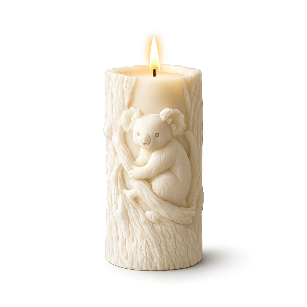 Candle with a carved koala design on a white background