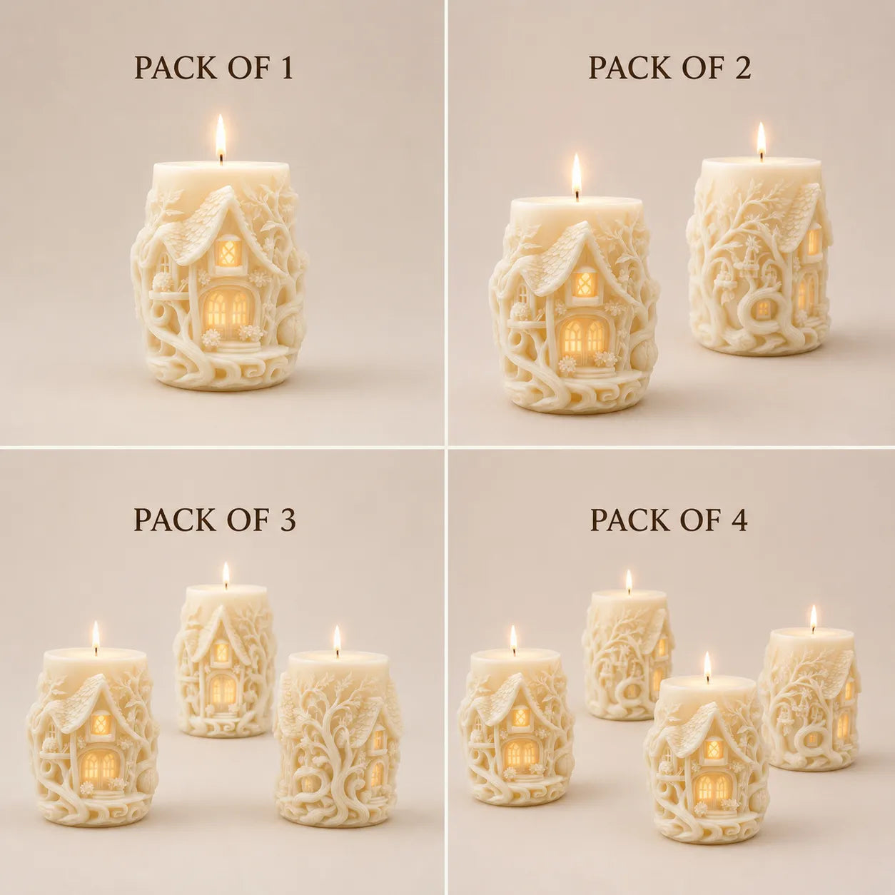 Set of decorative candles with intricate designs, shown in packs of 1 to 4 on a neutral background.