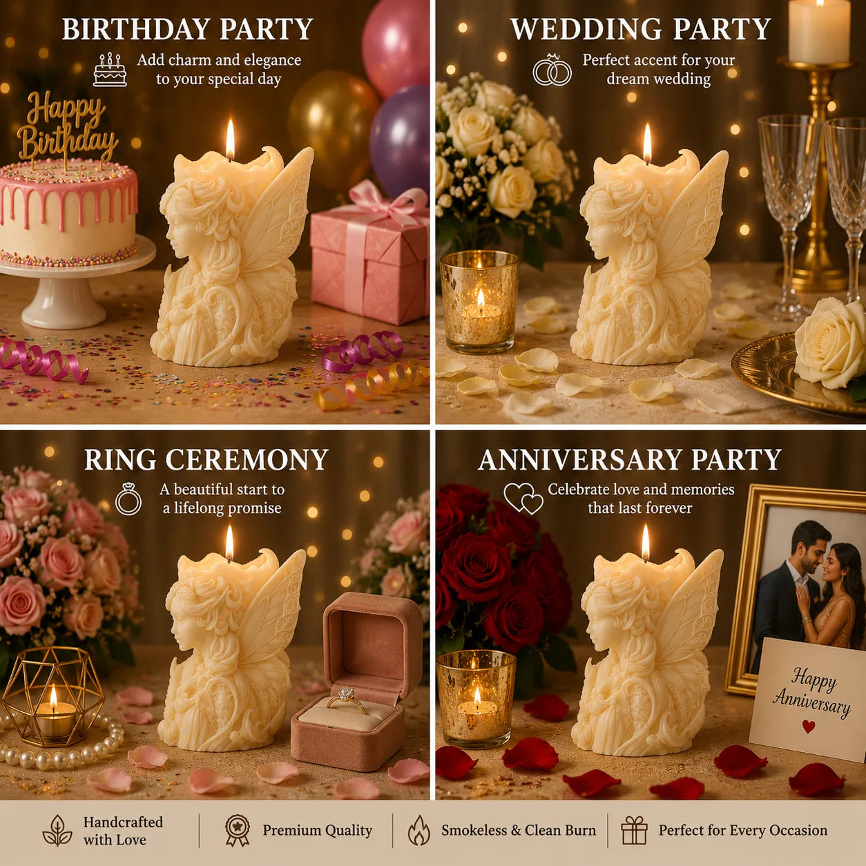 Collage of four scenes featuring a butterfly-shaped candle with text on birthday, wedding, ring ceremony, and anniversary parties.
