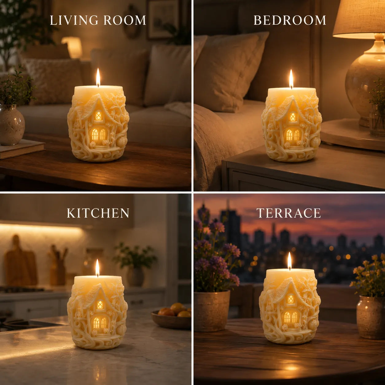 House-shaped candle in various settings including living room, bedroom, kitchen, and terrace.