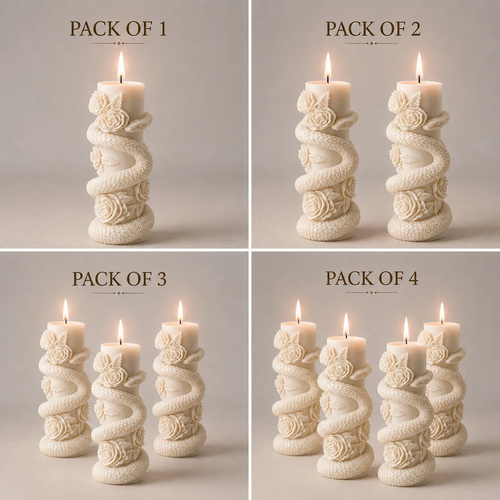 Set of decorative candles with floral designs in various quantities on a neutral background