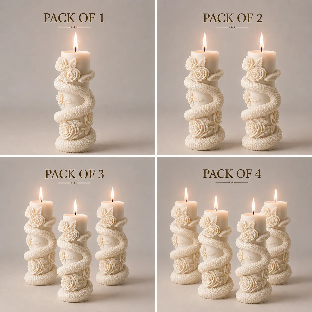 Set of decorative candles with floral designs in various quantities on a neutral background