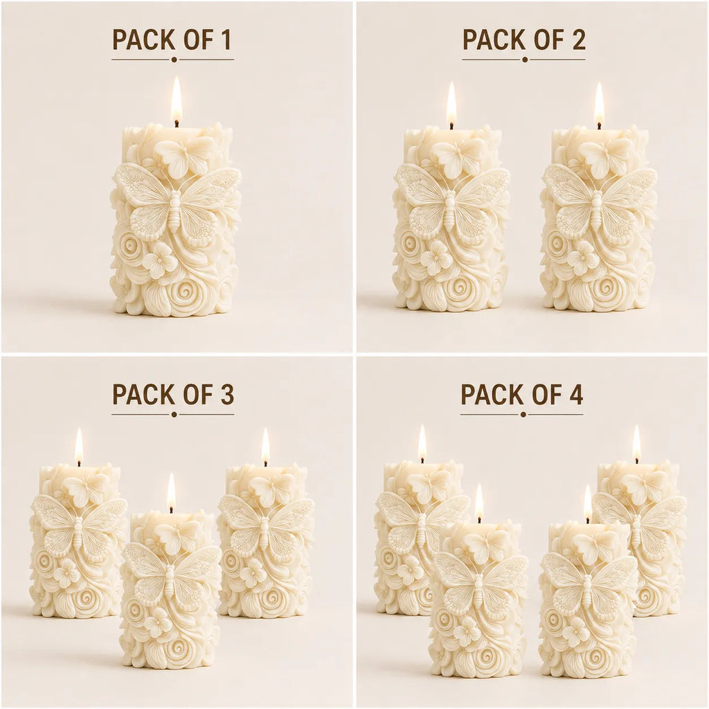 Set of decorative candles with floral patterns, shown in packs of 1 to 4.