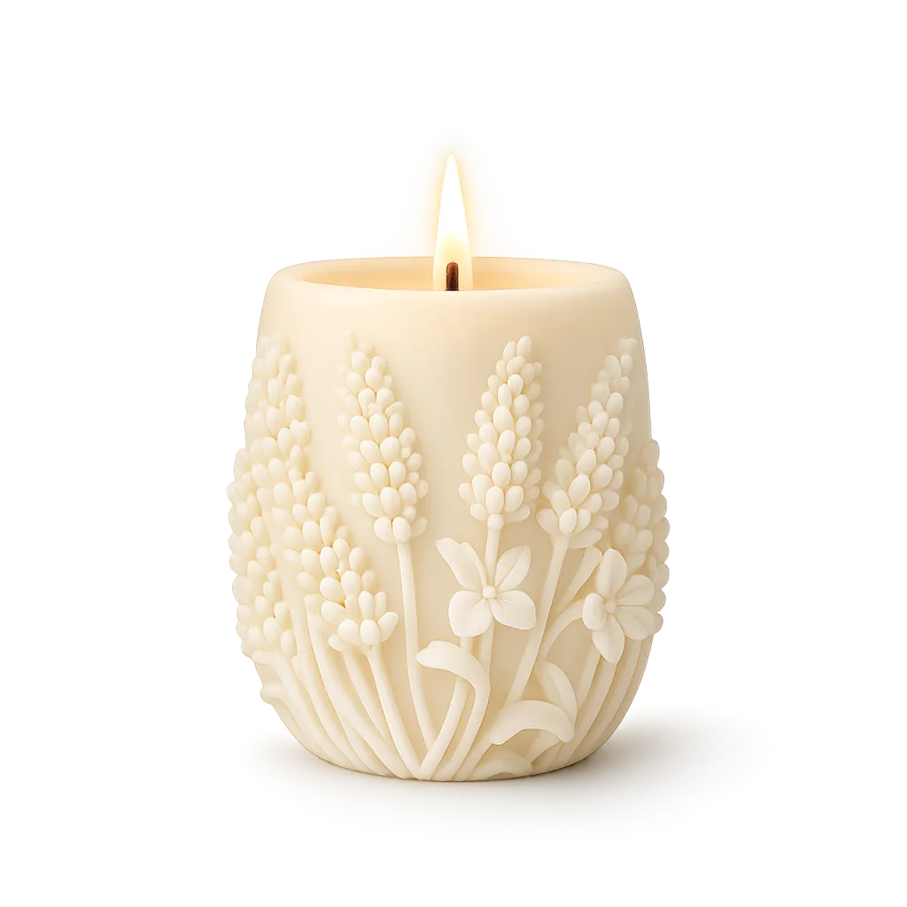 Decorative candle with floral embossing on a white background