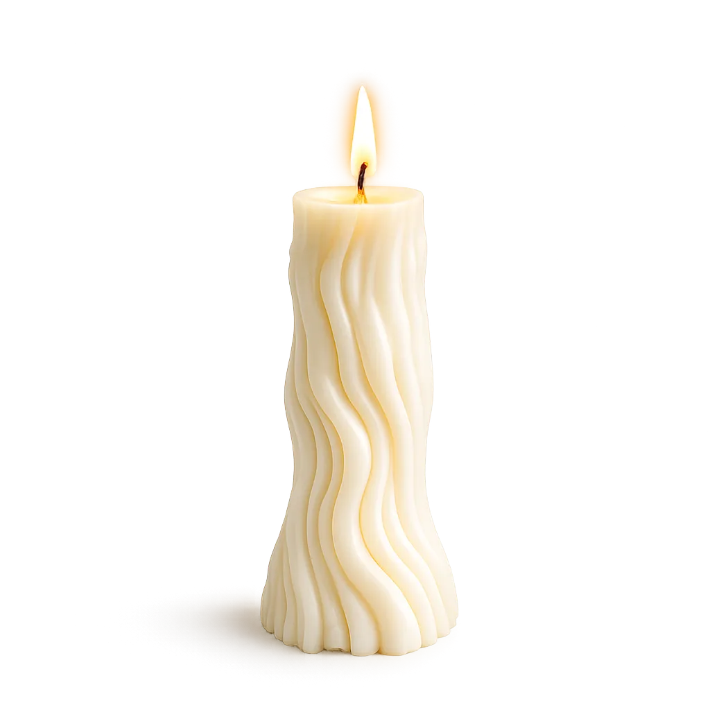 White candle with wavy pattern on a white background