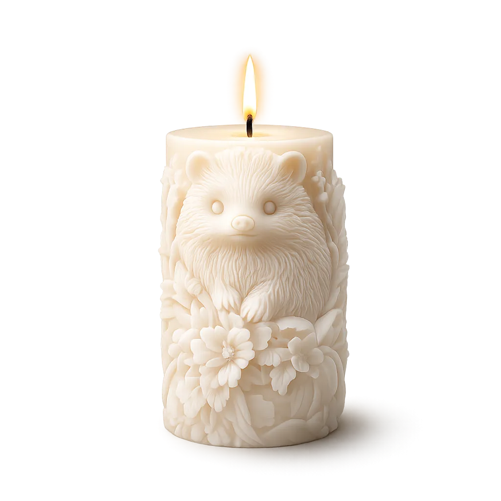 Decorative candle with a hedgehog design on a white background