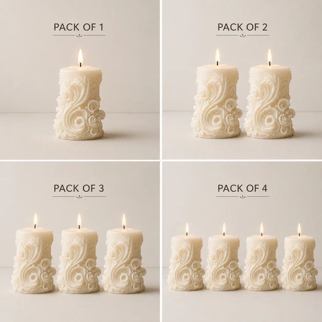 Decorative candles in various pack sizes on a neutral background