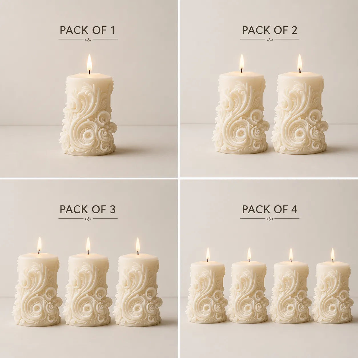 Decorative candles in various pack sizes on a neutral background