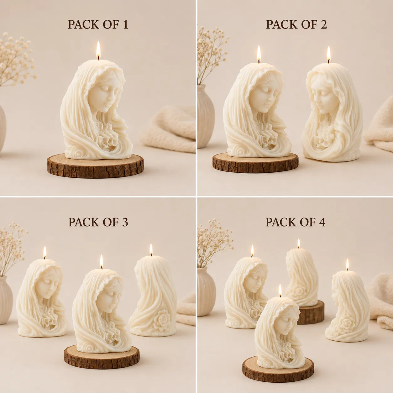 Ceramic candle holders shaped like a woman's face on wooden bases, displayed in packs of 1 to 4.