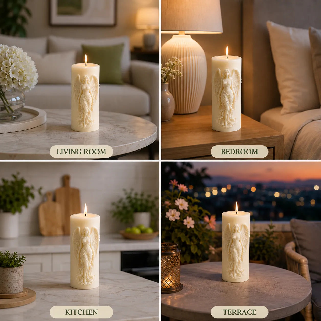 Decorative candle with angel design in various settings: living room, bedroom, kitchen, and terrace.