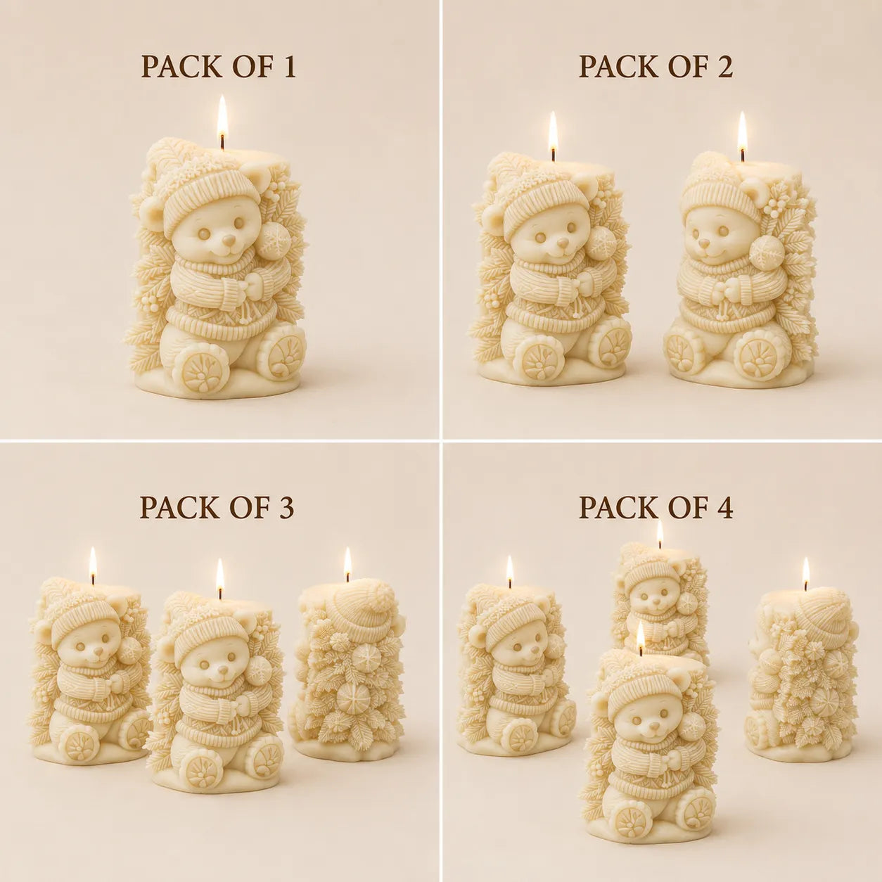 Set of decorative candles shaped like snowmen in various packaging quantities on a beige background.