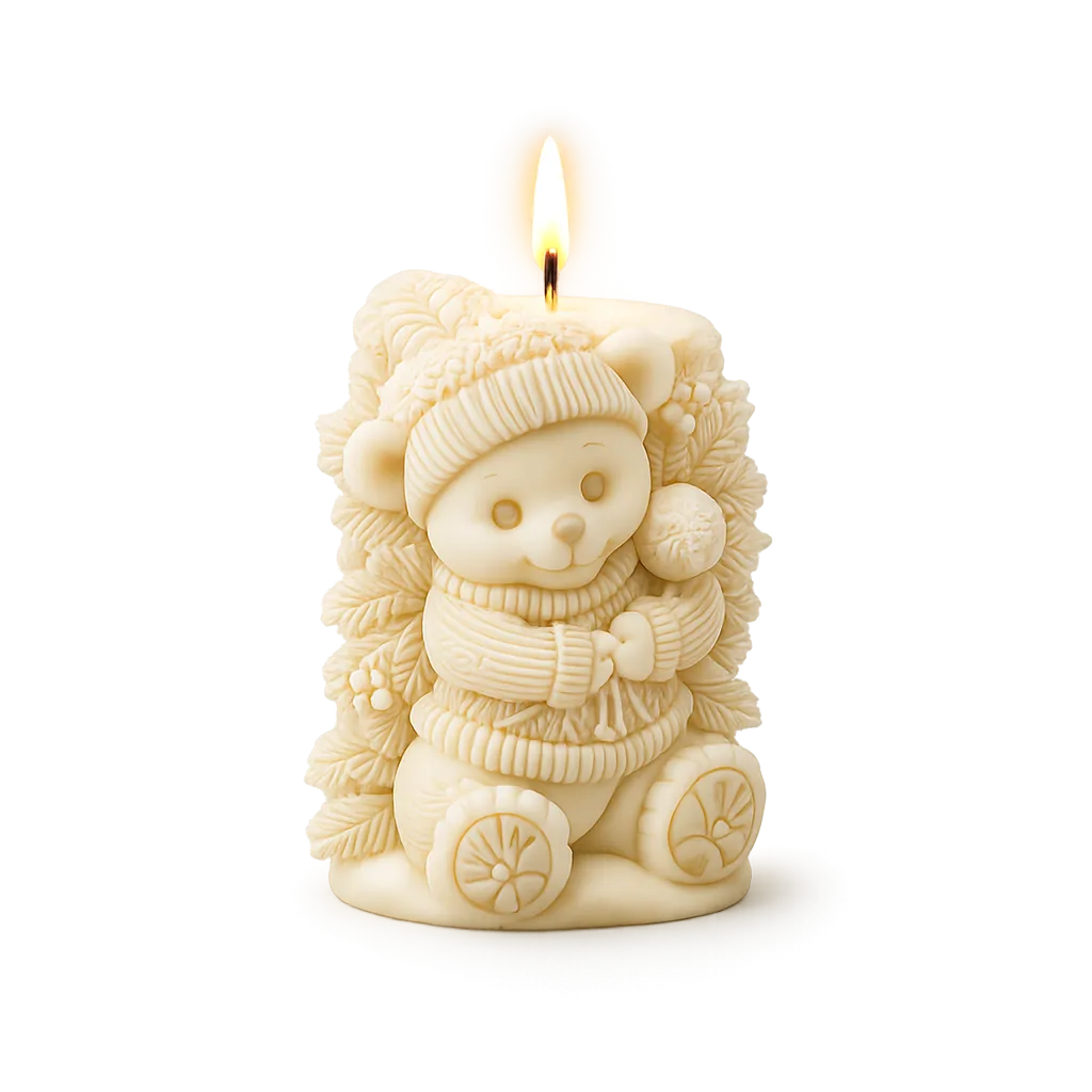 Candle shaped like a bear in winter clothing on a white background