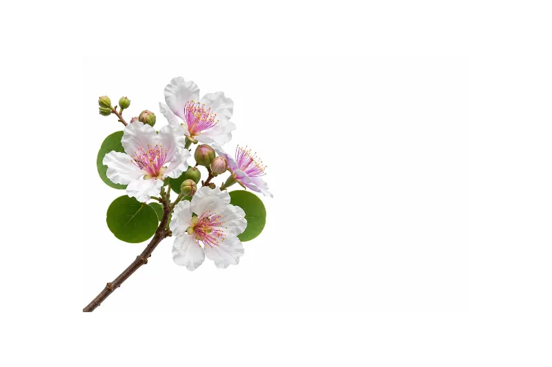 Branch of white flowers with pink centers on a white background