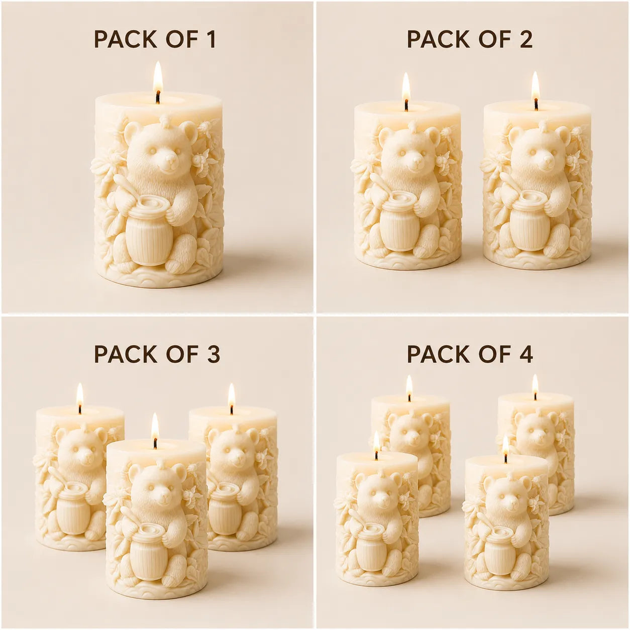 Collage of bear-shaped candles in different quantity packs on a neutral background