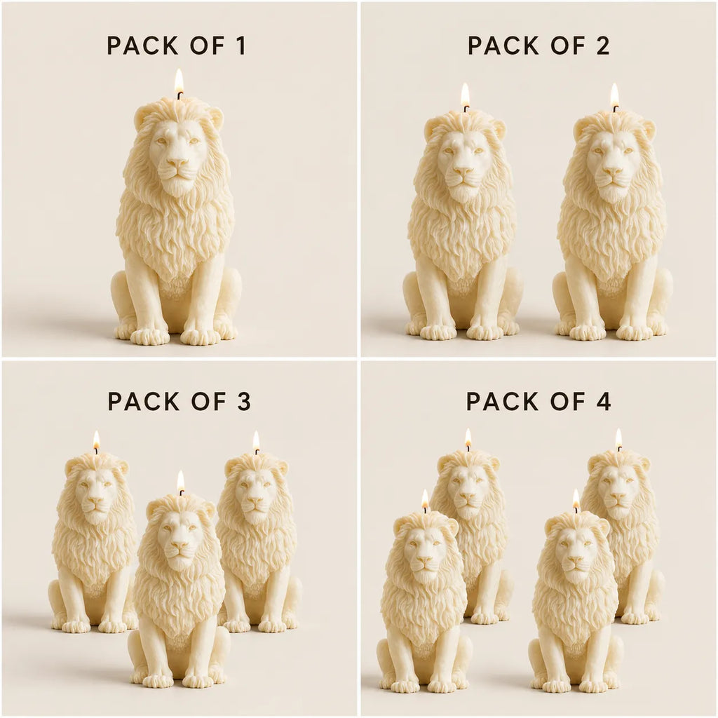 Lion-shaped candles in various quantity packs on a neutral background