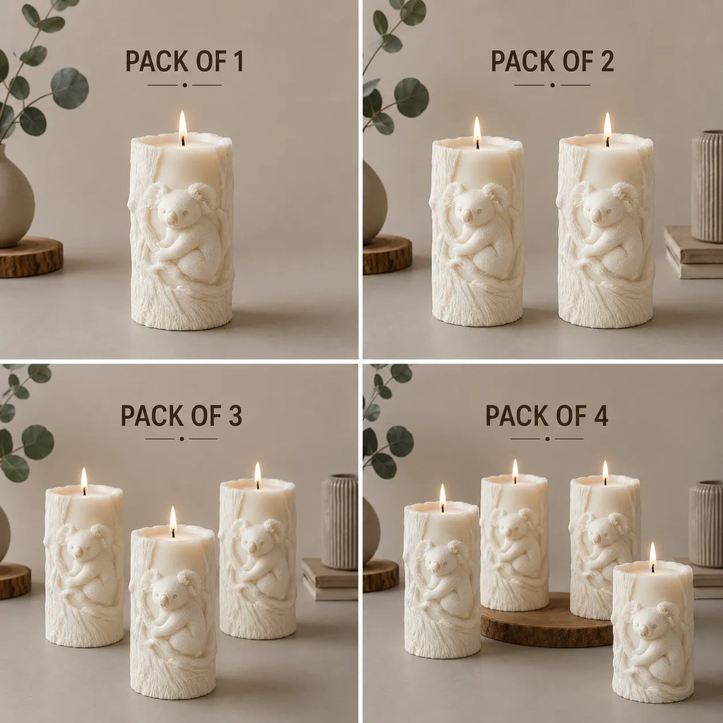 Set of decorative candles with angel designs, shown in packs of 1 to 4 on a neutral background.
