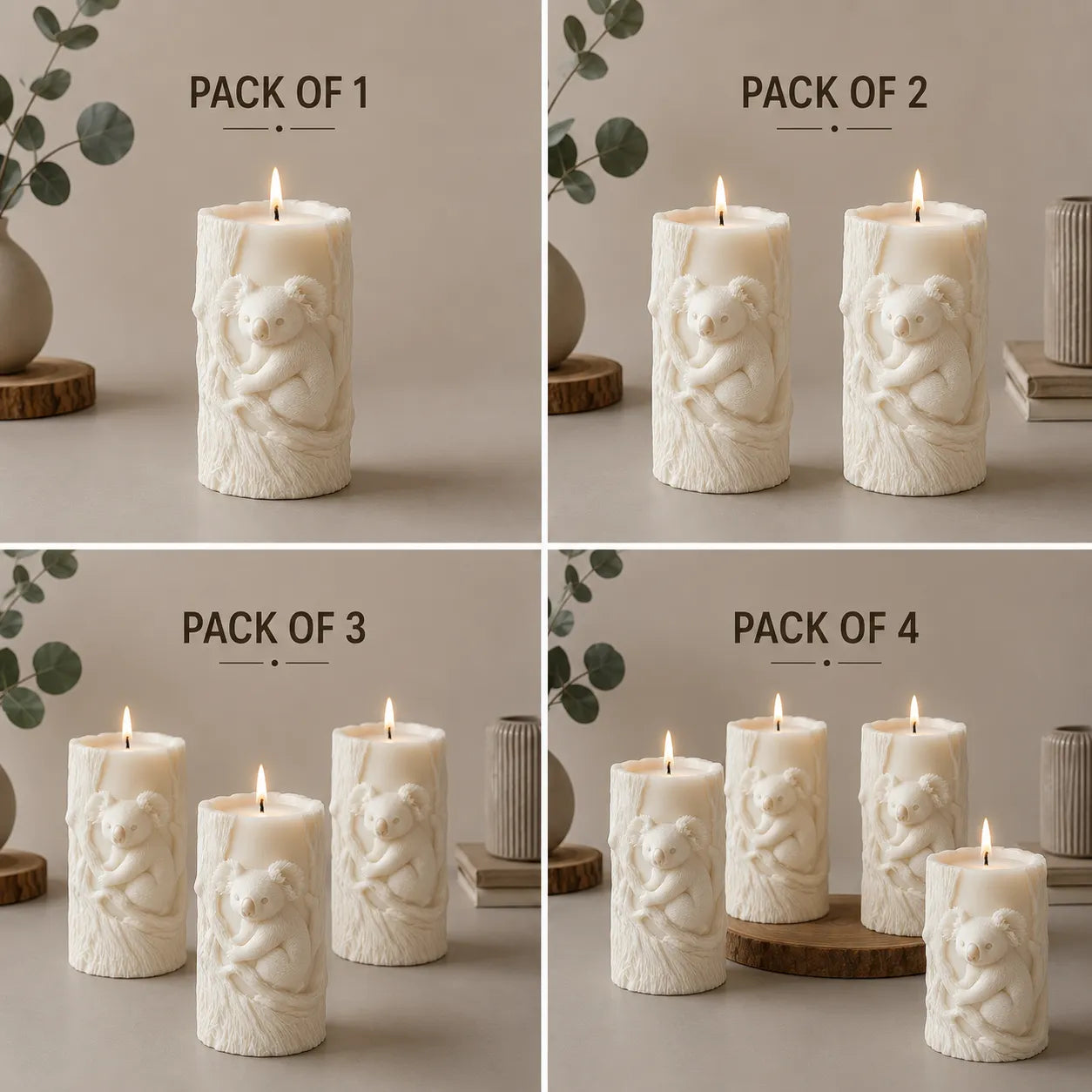 Set of decorative candles with angel designs, shown in packs of 1 to 4 on a neutral background.