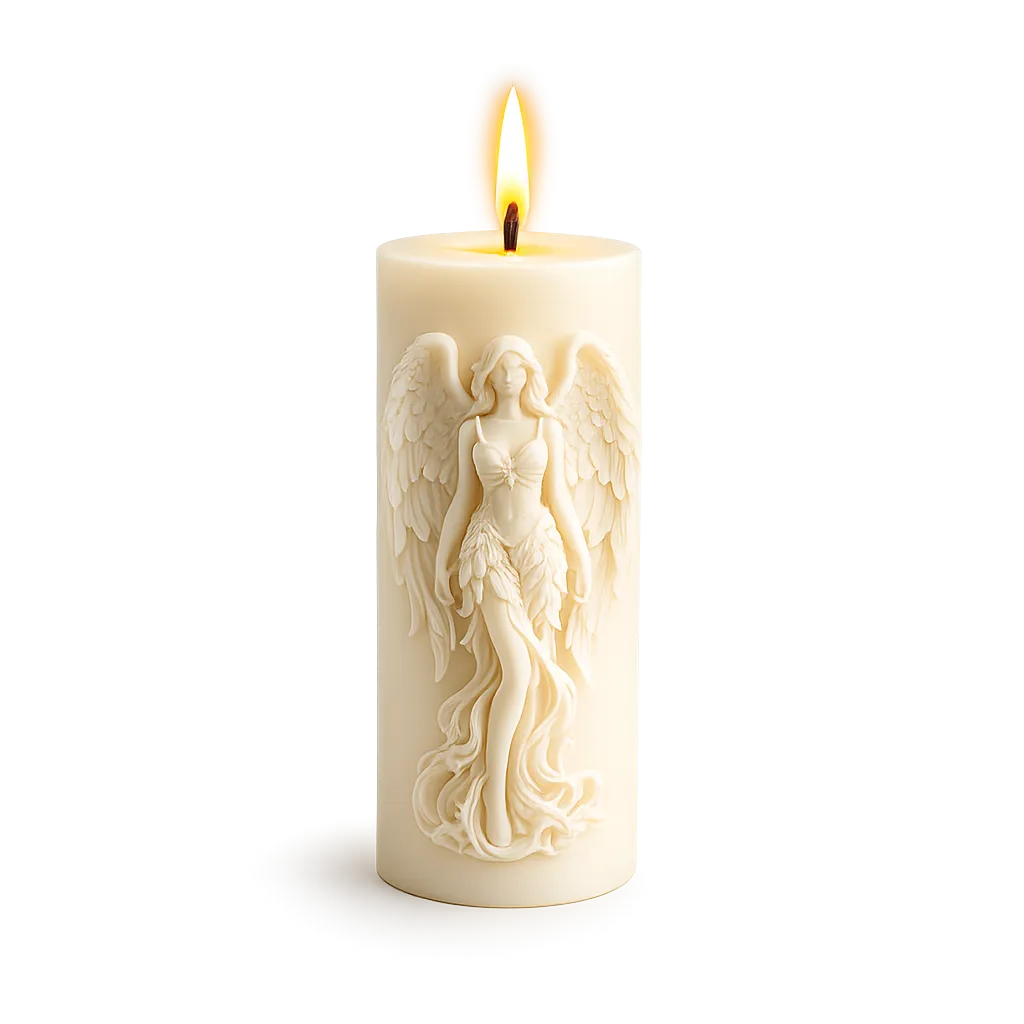 White candle with angel embossing on a white background