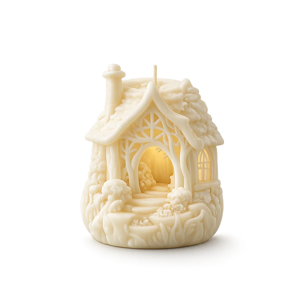 Decorative candle shaped like a house with intricate details on a white background
