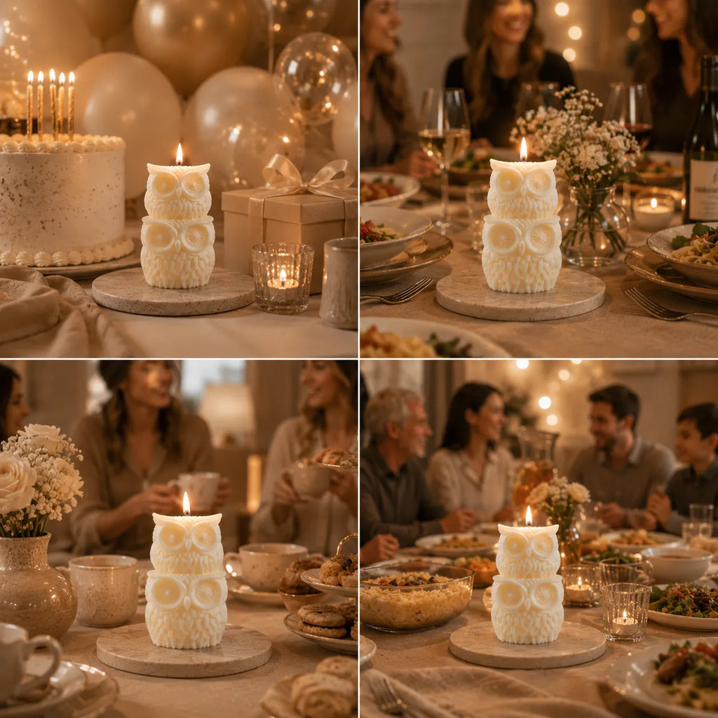 Collage of a candlelit dinner party with an owl-shaped candle as the centerpiece.