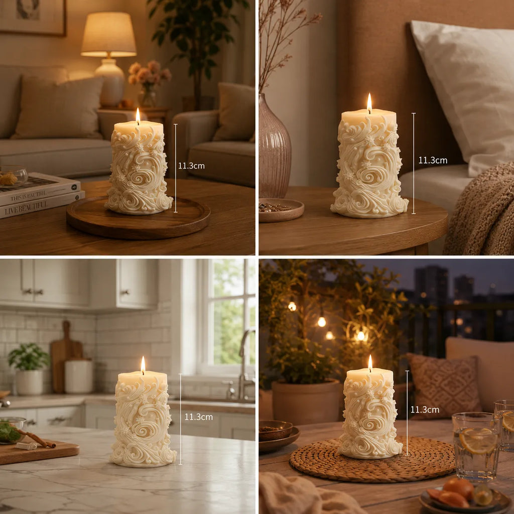 Decorative candle with floral patterns on a wooden surface in various settings.