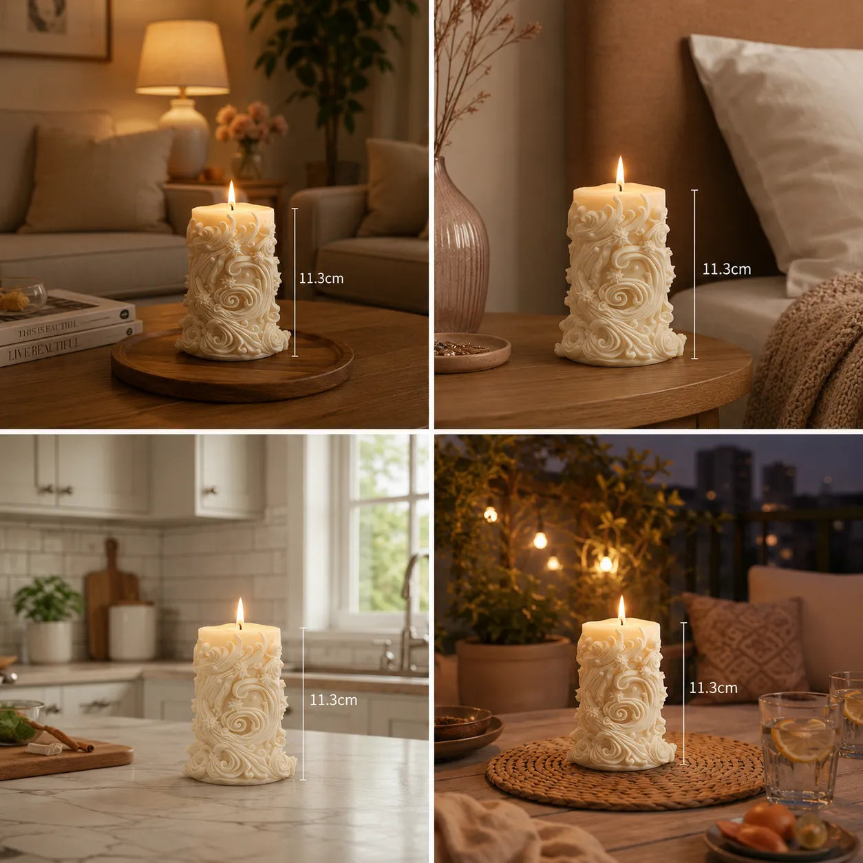 Decorative candle with floral patterns on a wooden surface in various settings.