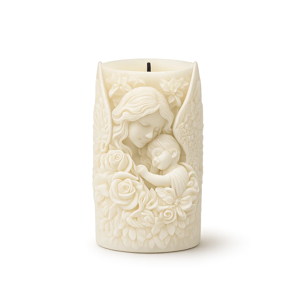 Decorative candle with angel and child design on a white background