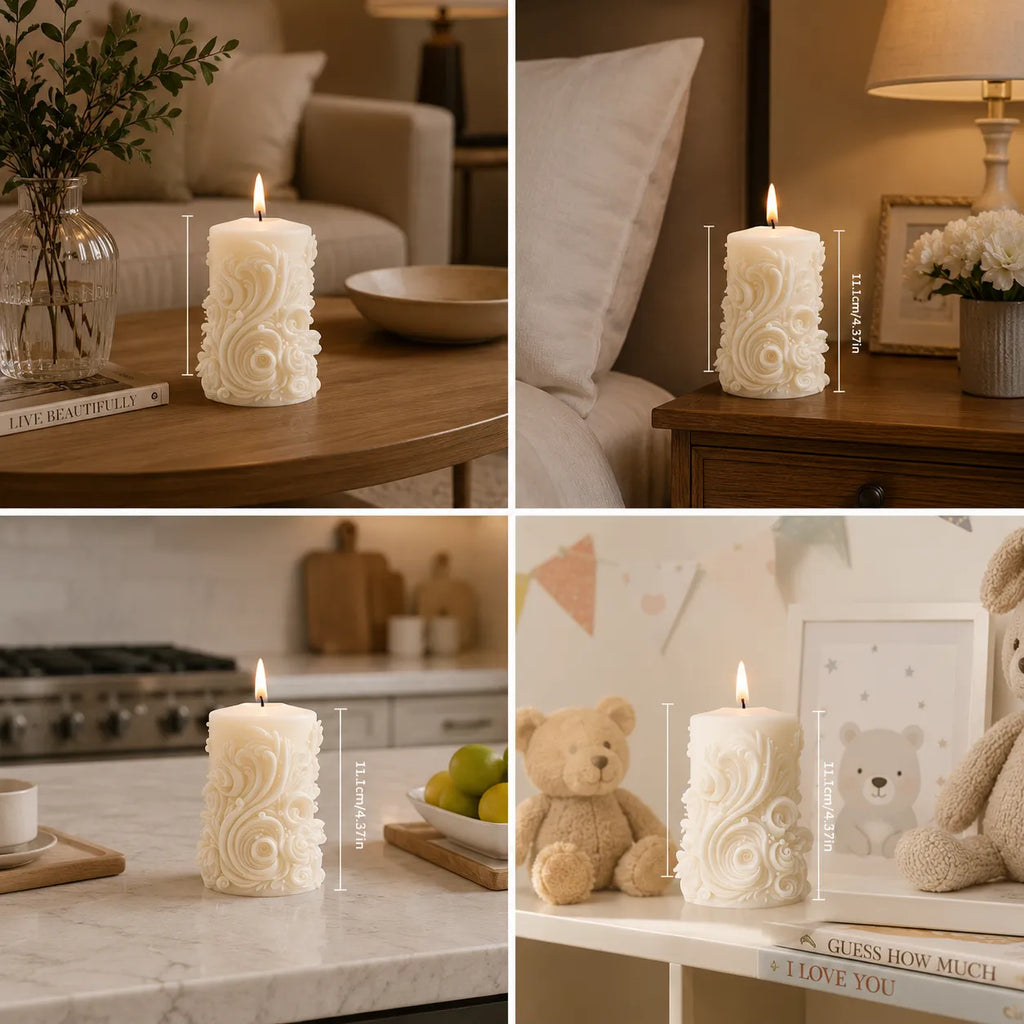 Decorative candle with intricate design in various settings including a living room, bedroom, kitchen, and nursery.