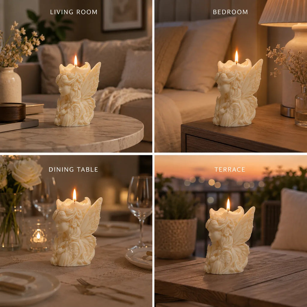 Butterfly-shaped candle in various settings including living room, bedroom, dining table, and terrace.