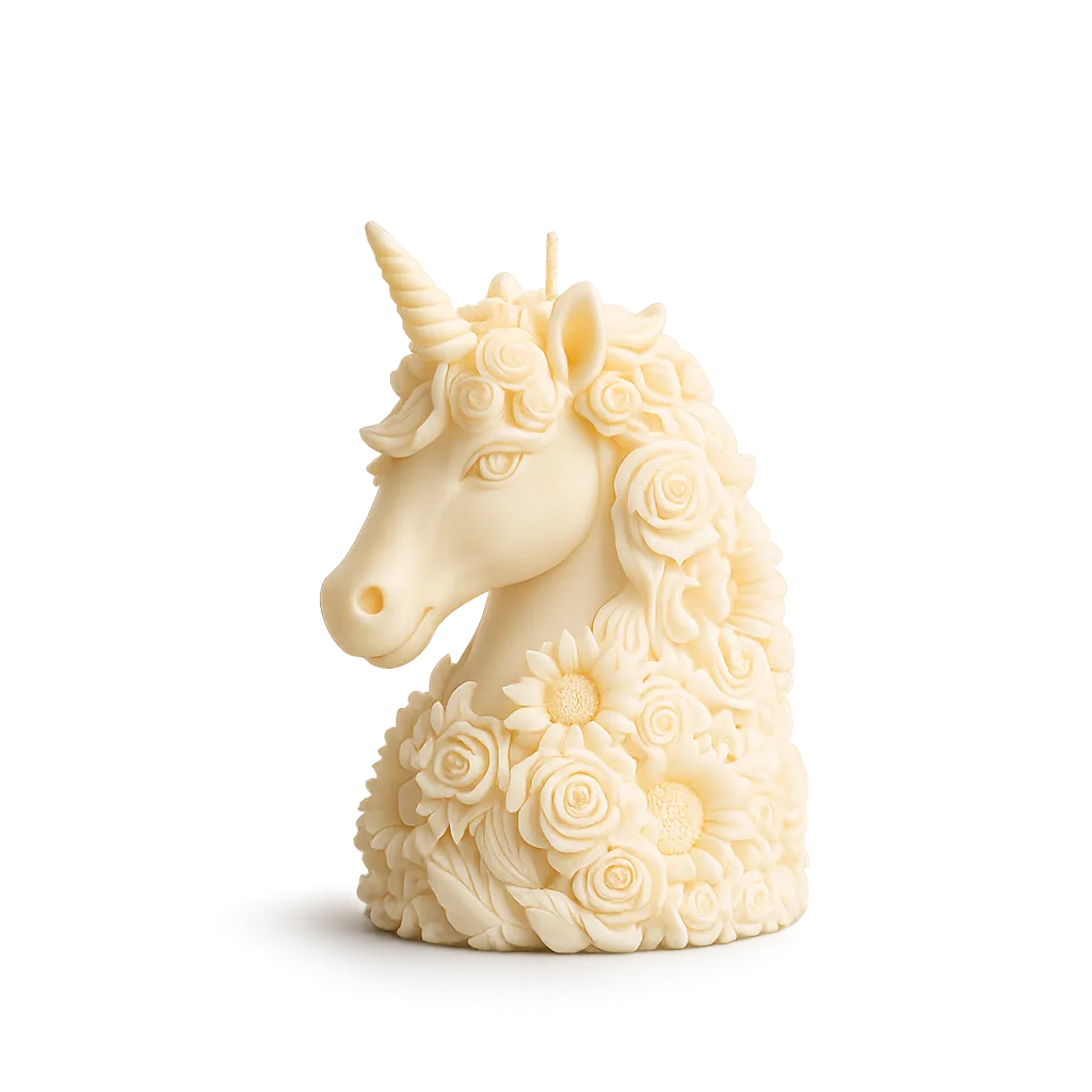 Unicorn-shaped candle with floral details on a white background